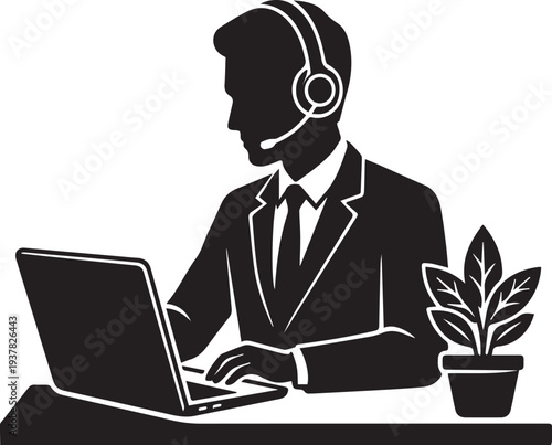 Black and white vector silhouette of a male customer service representative wearing a headset, working on a laptop with a potted plant on the desk, ideal for support, online assistance