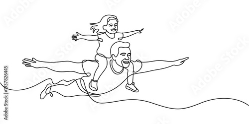 father and daughter in flying plane action pose line art vector illustration. One line drawing and continuous style