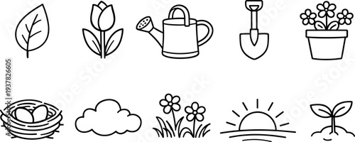 Springtime icons: leaf, tulip, watering can, shovel, potted flowers, nest, cloud, sun, seedling