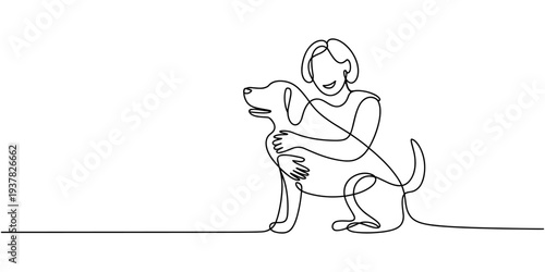Continuous line drawing of woman happy pet lover with dog. Young female enjoy playing with her cute dog linear sketch isolated on white background. Friendship about human and pet animal concept