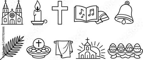Collection of religious and Easter icons including church, candle, cross, music, bell, palm, communion, towel, and eggs