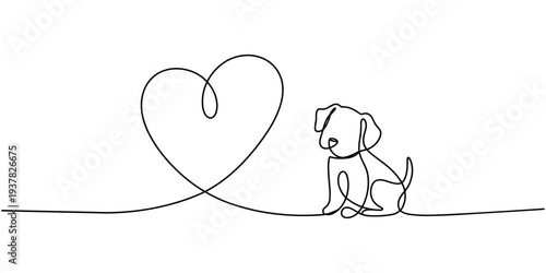 Continuous line drawing of cute dog with heart minimalist one line art pet love illustration isolated on white background