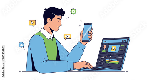 A man in a blue and green shirt sits at a desk, using a laptop and holding a mobile phone with thought bubbles around him on a white background.