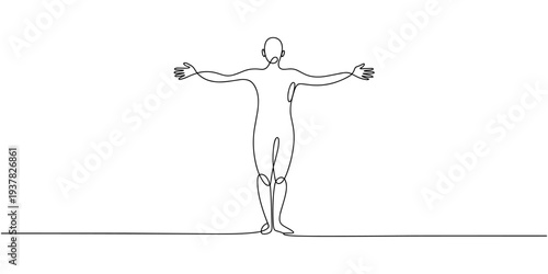 human figure with outstretched arms continuous one line drawing, Linear Silhouette Of Man With Arms Outstretched, Minimalist Human Form, Abstract Body Outline, One line drawing of liberation