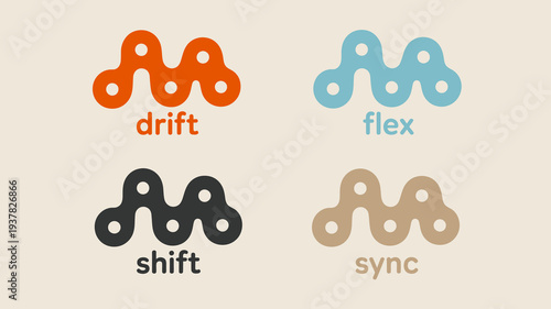 An abstract graphic design showcases four interconnected circular shapes each paired with a corresponding text label drift flex shift and sync high quality professional detailed modern