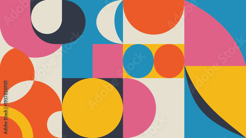 An abstract geometric composition features overlapping circles rectangles and curved shapes in a vibrant palette of primary and secondary colors high quality professional detailed modern elegant