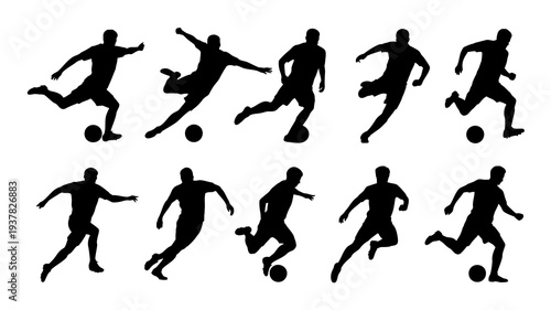 A collection of black silhouettes depicts various dynamic poses of people playing soccer showcasing action and athletic movement high quality professional detailed modern elegant stylish clean