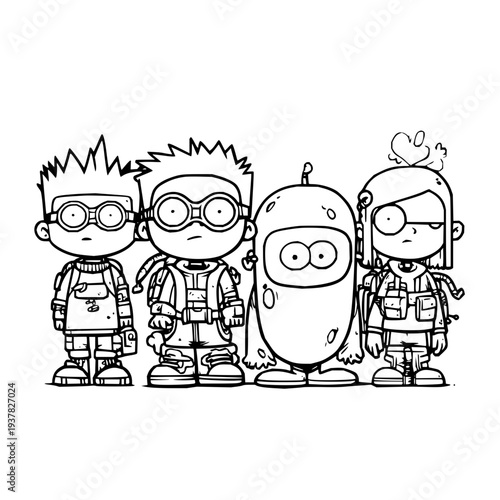 Four cartoon characters with goggles stand together in a line looking sad or concerned with a robot in the middle on a plain white background