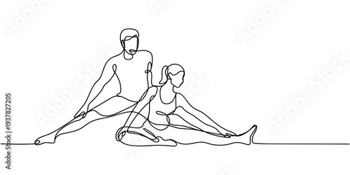 Man and woman stretching legs line drawing, Continuous one line design of stretching leg. Minimalist style vector illustration on white background.