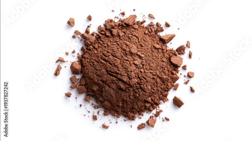 Wallpaper Mural Brown cocoa powder pile with scattered crumbs on a white background, showcasing the fine texture and rich color suitable for culinary and baking applications Torontodigital.ca