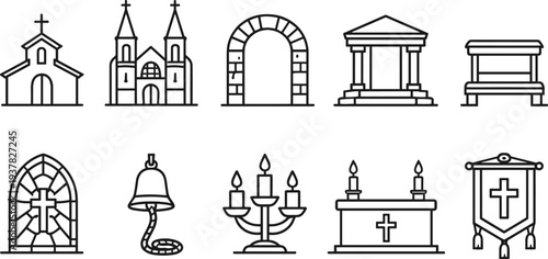 Collection of religious and funeral icons in a clean, modern line art style