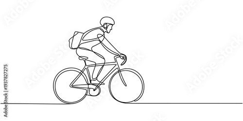 One Line Drawing of a Bicycle rider, a man riding a bike with helmet and bag, maybe he want to going to school or campus. Vector Illustration.