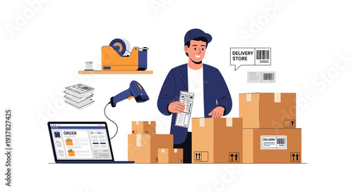 Illustration of a man scanning a package with a barcode scanner surrounded by boxes and shipping supplies on a plain white background.