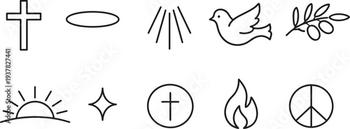 Collection of religious and spiritual symbols in a clean line art style