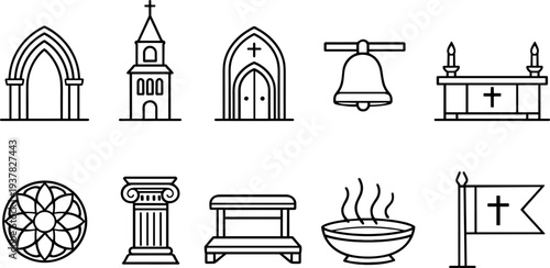 Collection of religious and architectural line art icons for design