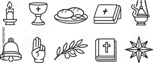 Collection of religious symbols and icons in a clean line art style