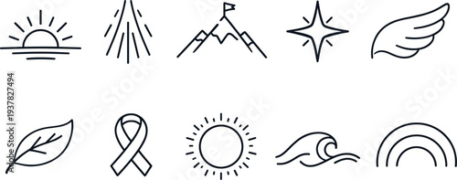 Collection of simple line art icons representing nature, success, and hope