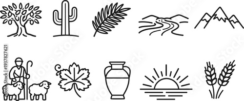 Collection of simple line art icons representing nature, agriculture, and biblical themes