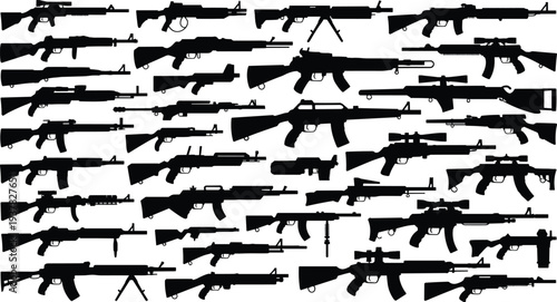 PrintGun silhouettes, firearm collection, weapon illustration, rifle vector, military design, tactical firearm, black shapes, catalog reference, shooting sport, graphic art