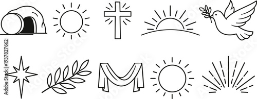 Collection of religious and Easter symbols in a minimalist line art style