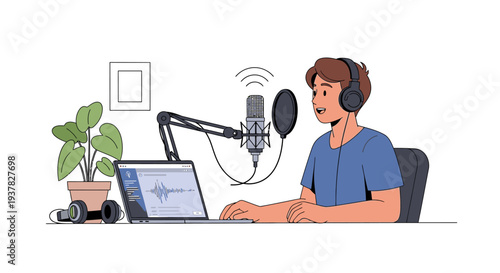 A man in a blue shirt sits at a desk with a laptop, microphone, and headphones, recording a podcast in a simple, flat design style with a white background.