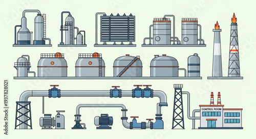 Industrial oil refinery equipment and structures illustration.