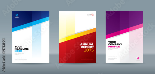 Minimalist cover template set featuring blue, red, and purple tilted geometric layers on a clean white background. A4 size book cover template for annual report, magazine, booklet, proposal, portfolio
