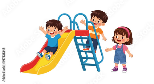Cheerful children playing on a colorful playground slide with stairs and railings