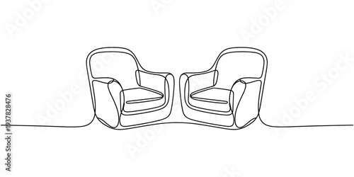 One continuous line drawing of two armchairs. Interior concept Vector illustration