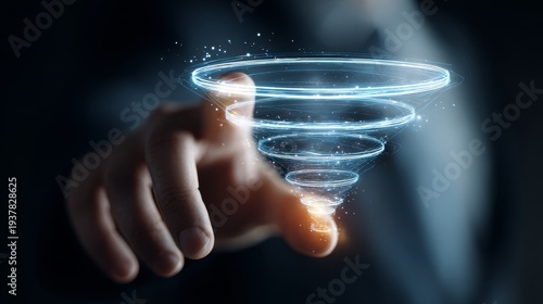 Marketing lead sketching holographic funnel touching by businessman