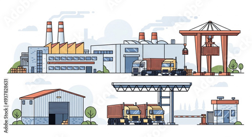 Industrial factory complex with trucks and shipping containers.