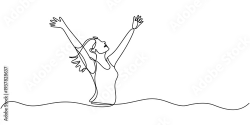Continuous line drawing of cheering woman. Continuous one line drawing of woman rising hands up feeling happy and freedom. Cute girl feel free and young minimalism design isolated on white background.