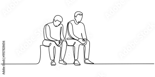 two men sit on one side of the table and eat informally with appetite. Each gourmet with an open mouth holds a fork with food. Vector one continuous line drawing of friends eating