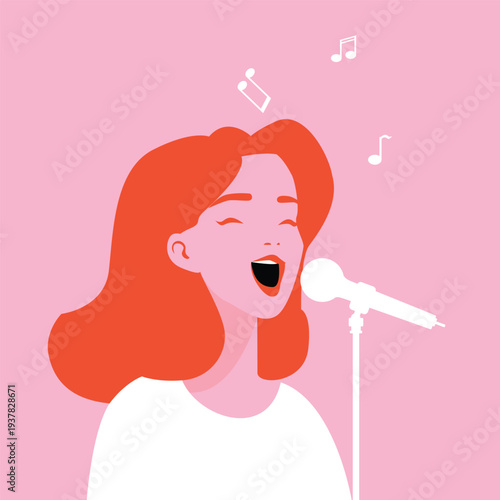 Beautiful woman enraptured singing in front of a microphone, with a minimalist vector style.