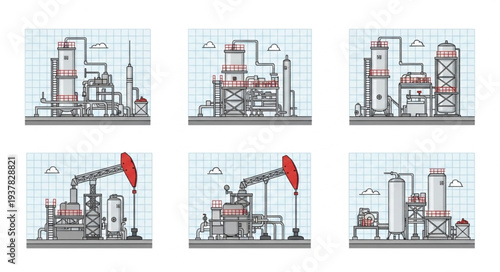 Oil Rig and Refinery Industrial Complex Illustration.