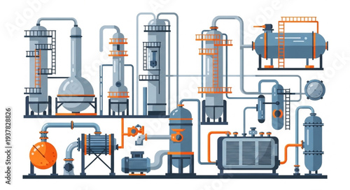 Industrial Chemical Plant Equipment and Machinery Illustration.