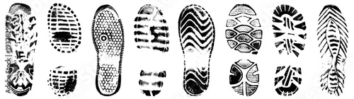 Shoe sole prints. Set of shoe print textures. Vector silhouette