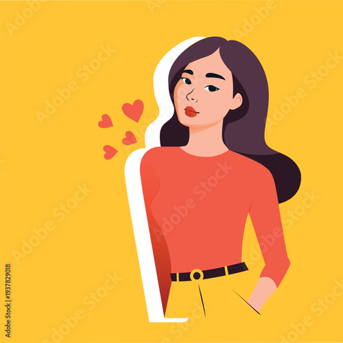 Smiling girl with long hair standing sideways, with red heart shapes emanating outward, as if she has seen something that has captured her heart, in minimalist vector illustration style