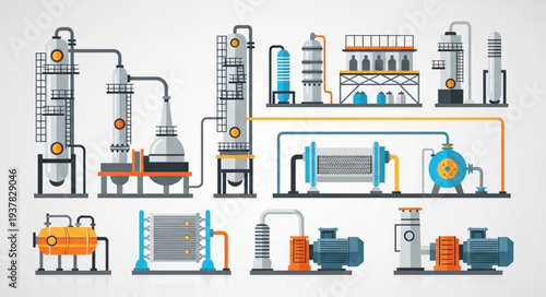Industrial Chemical Plant Equipment and Machinery Set.