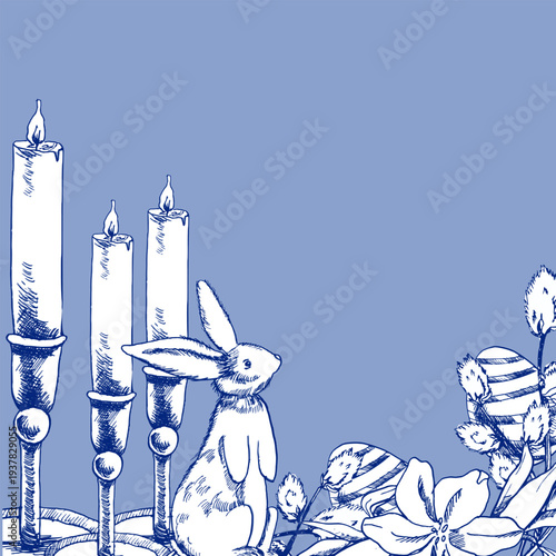 EAster engraved Easter banner with bunny, candles and colored eggs ink graphics. Hand drawn Happy Easter frame wit hrabbit and spring willlows, outline style clipart for festive poster, card 