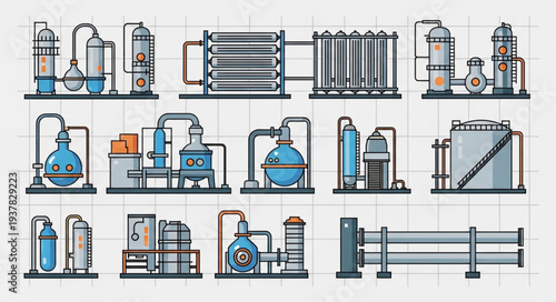 Industrial factory equipment and machinery schematic illustration.