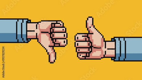 A pixelated illustration displays two hands making opposing gestures one a thumbs down and the other a thumbs up signaling disagreement high quality professional detailed modern