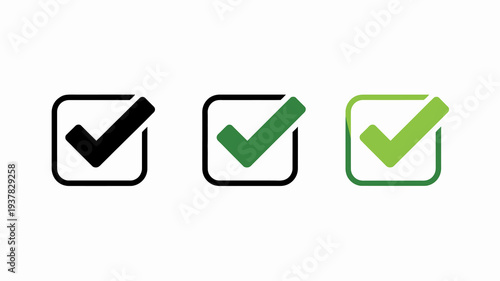 A series of three square checkmark icons are displayed varying in shades of green and black against a clean white background high quality professional detailed modern