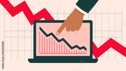 A hand points to a declining stock chart displayed on a laptop screen illustrating potential market downturn or financial loss high quality professional detailed modern elegant