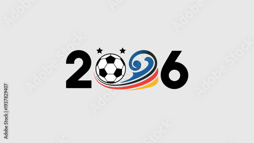 A graphic depiction showcases the number 2026 integrated with soccer ball imagery and swirling ribbons representing a sporting event high quality professional detailed modern elegant stylish