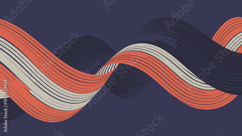 An abstract composition features flowing curved stripes in shades of coral navy and cream against a deep purple background high quality professional detailed modern elegant stylish