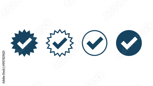 A series of four dark teal icons are displayed each featuring a white checkmark within a different geometric shape high quality professional detailed modern elegant stylish