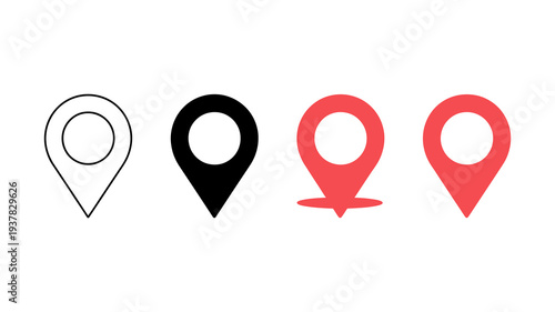 Four variations of a location pin icon are displayed showcasing different colors and fill styles for visual representation high quality professional detailed modern elegant stylish clean