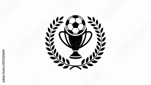 A black and white illustration depicts a soccer ball nestled within a trophy encircled by a laurel wreath symbolizing victory and sportsmanship high quality professional detailed