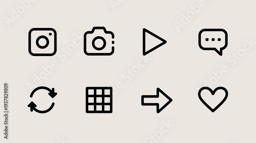 A collection of eight simple black line icons representing various social media functions and interface elements high quality professional detailed modern elegant stylish clean crisp vibrant